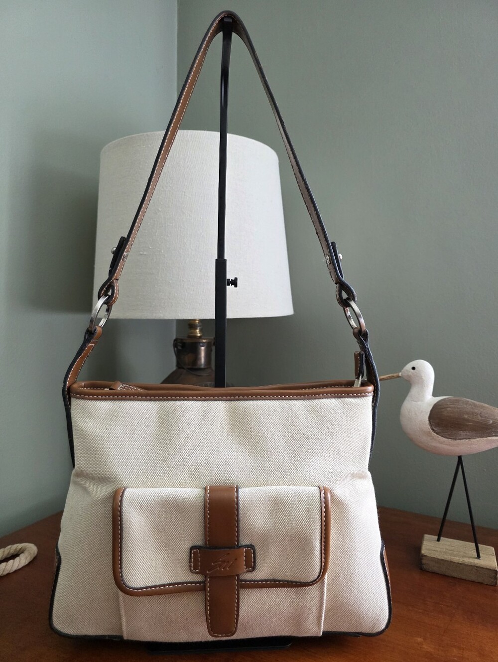 Stone Mountain Cream Canvas Tan Leather Shoulder Bag Pocket Front Tote